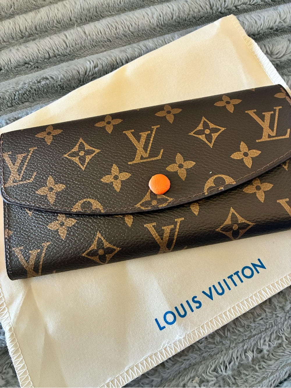 Louis Vuitton Monogram Canvas Wallet with Orange Button Accent
